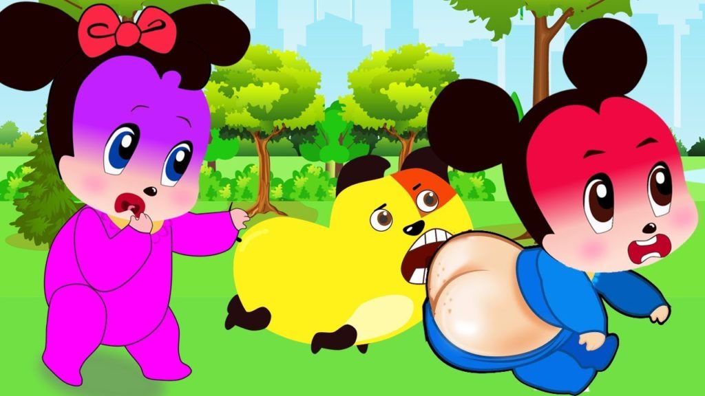 Mickey Mouse & Minnie Mouse Baby Bitten In The Butt By Puppy! Cartoons Sun & Moon Learn Colors Funny
