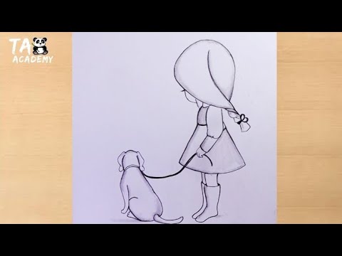 How to A small girl with cute puppy pencildrawing