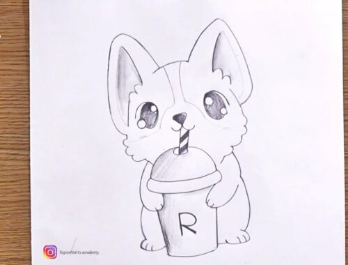 Cute puppy drinking milkshake pencil drawing@Taposhi arts Academy