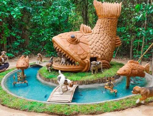 Rescue Puppies Build Fish Pond around Dog House for Prevent Insect