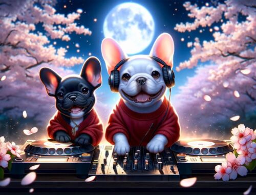 lofi dog Hip Hop Beats with a French Bulldog DJ Under the Night Cherry Blossoms