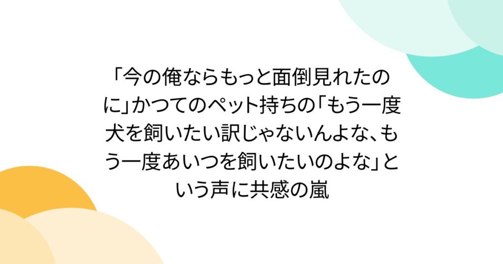 「今の俺ならもっと面倒見れたのに」かつてのペット持ちの「もう一度犬を飼いたい訳じゃないんよな、もう一度あいつを飼いたいのよな」という声に共感の嵐 – Togetter 「今の俺ならもっと面倒見れたのに」かつてのペット持ちの「もう一度犬を飼いたい訳じゃないんよな、もう一度あいつを飼いたいのよな」という声に共感の嵐 - Togetter